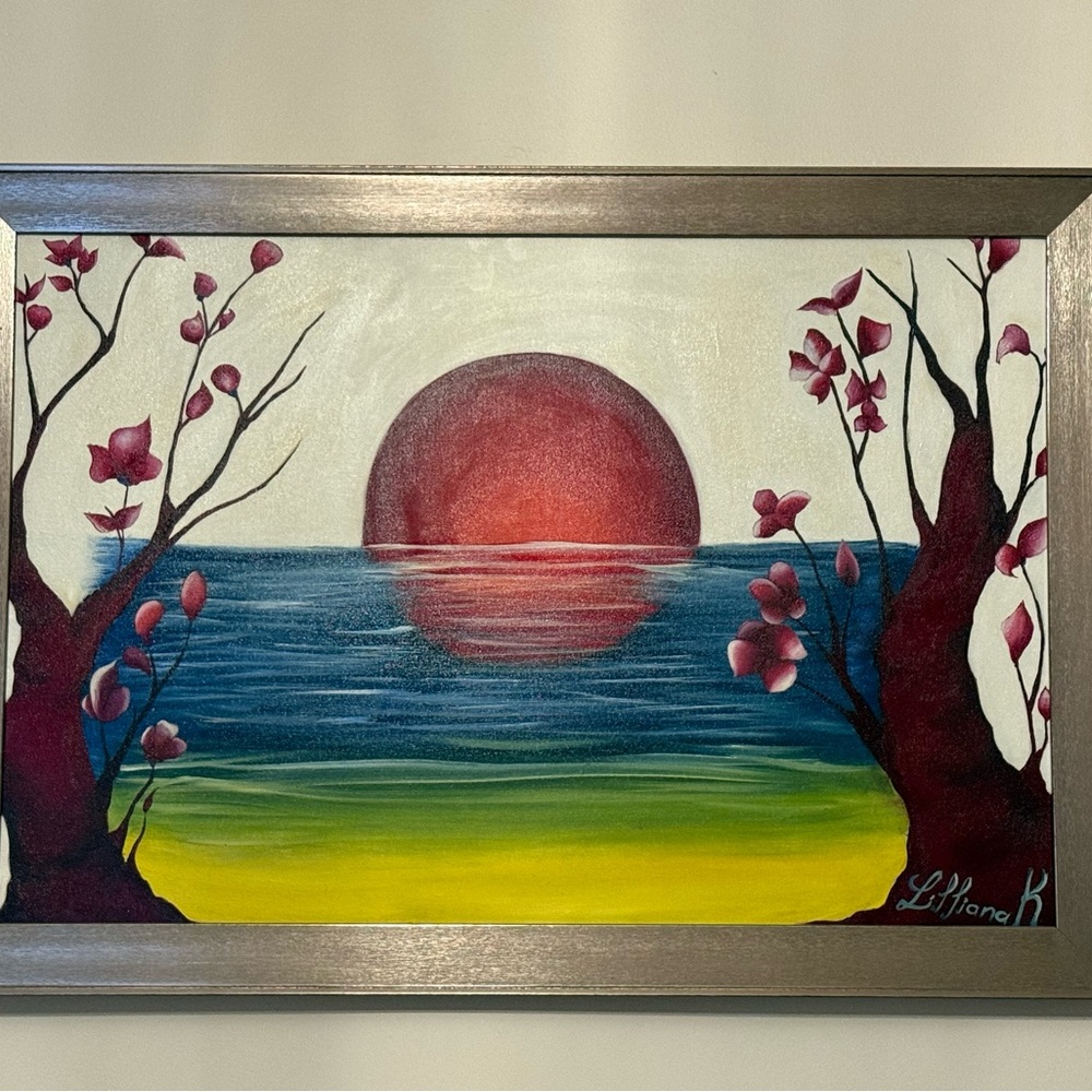 Sunset Over Water Framed Art by - Red, Blue, Yellow